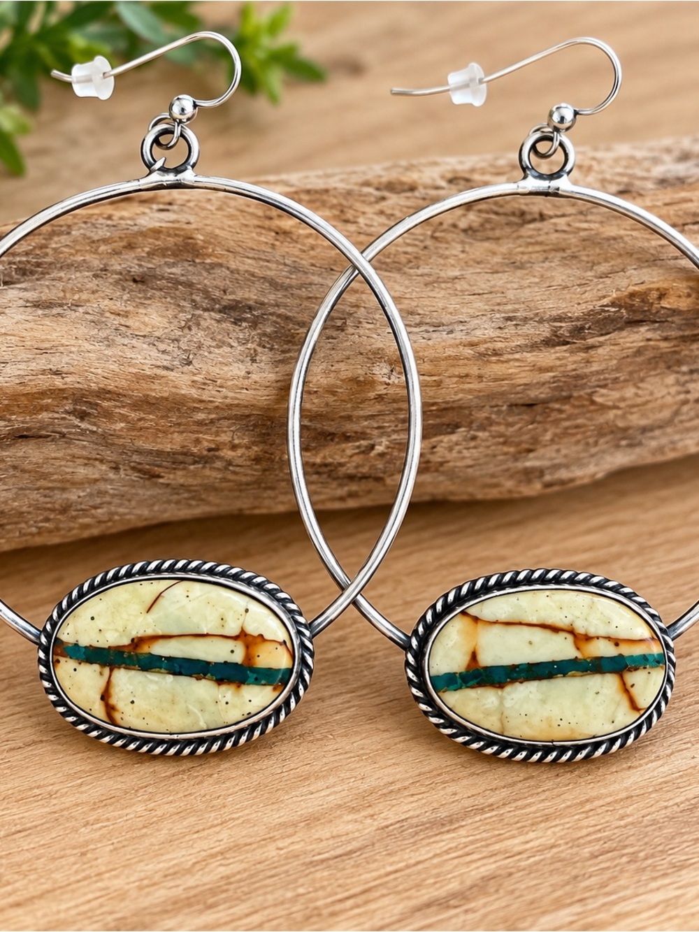 Signed E.K. Sterling Silver Turquoise Matrix Large Hoop Earrings Southwestern